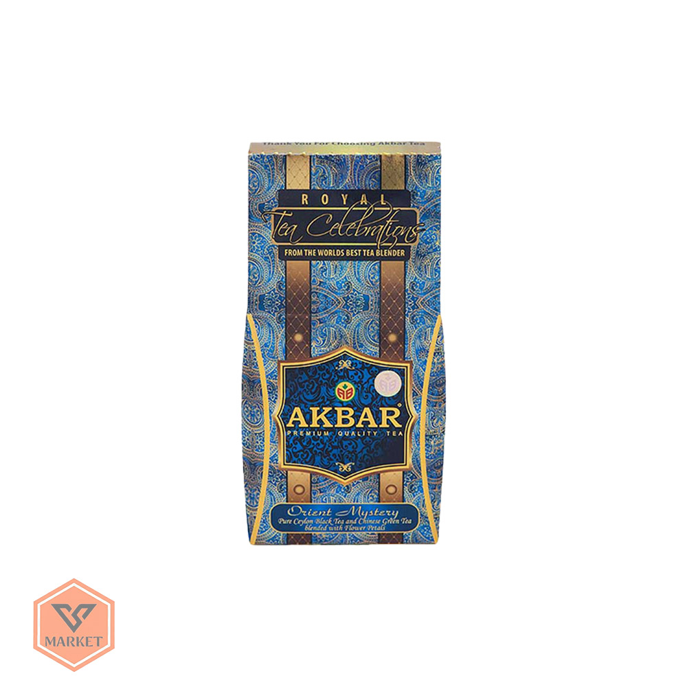 چای اکبر اورینت میستری – ترکیب چای سیاه سیلان، چای سبز چینی و گلبرگ (جعبه لوک 250 گرمی)
